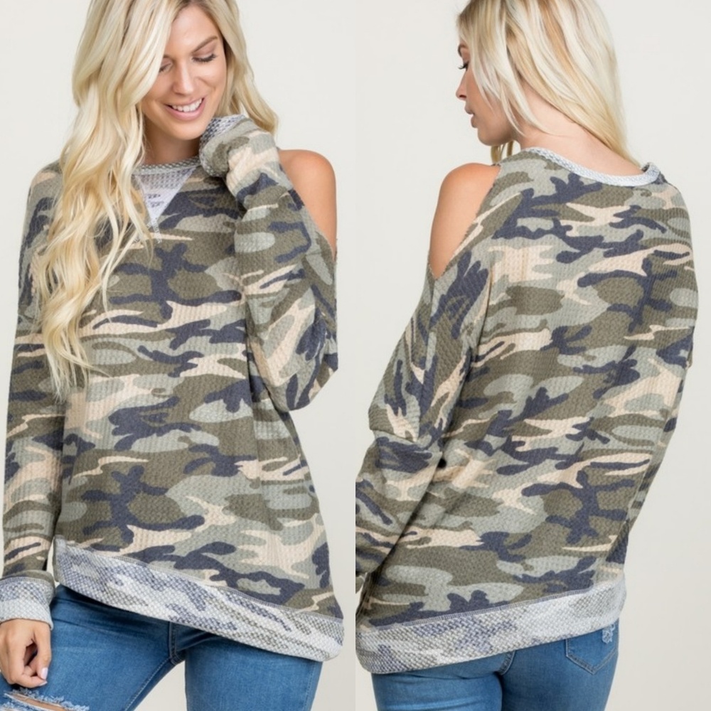 Amazing camo cold shoulder waffle top - Picture 3 of 7